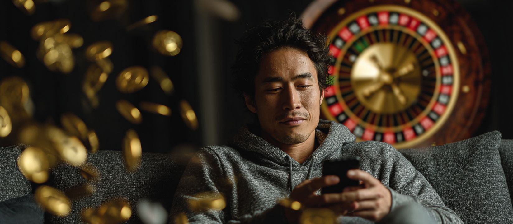 Man relaxing on a sofa using a smartphone with golden coins falling and a roulette wheel in the background