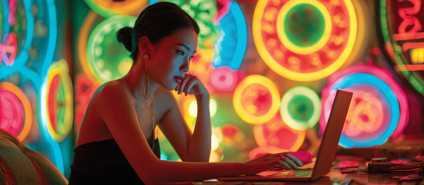 Elegant woman in a strapless black dress sitting in front of a laptop surrounded by vibrant neon lights in a lively casino atmosphere