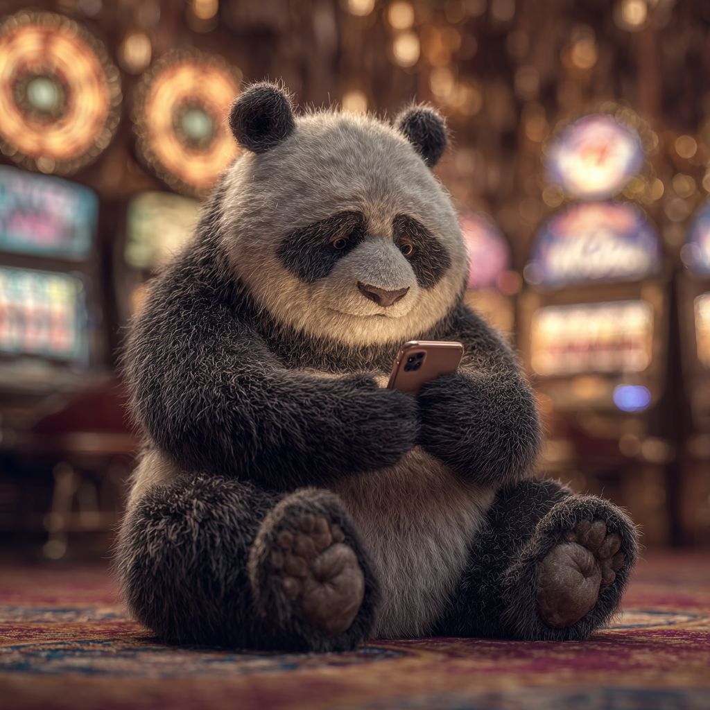 Relaxed WIN9A panda mascot sitting on the casino floor focused on playing games on a smartphone