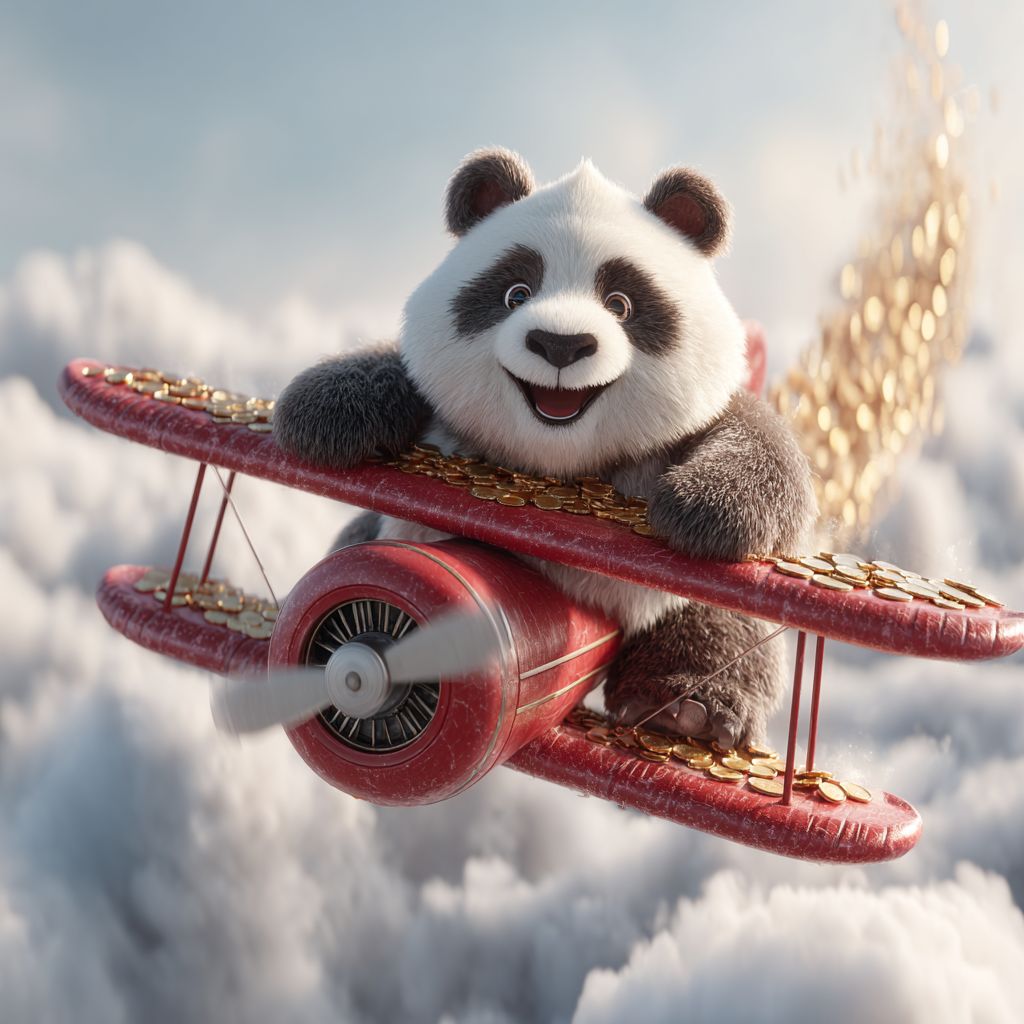 Happy WIN9A panda mascot flying a red airplane leaving a golden coin trail above the clouds