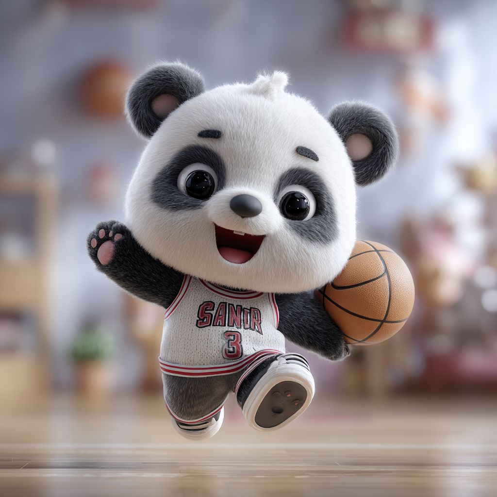 Cheerful WIN9A panda mascot wearing a basketball jersey and holding a basketball while running on a court