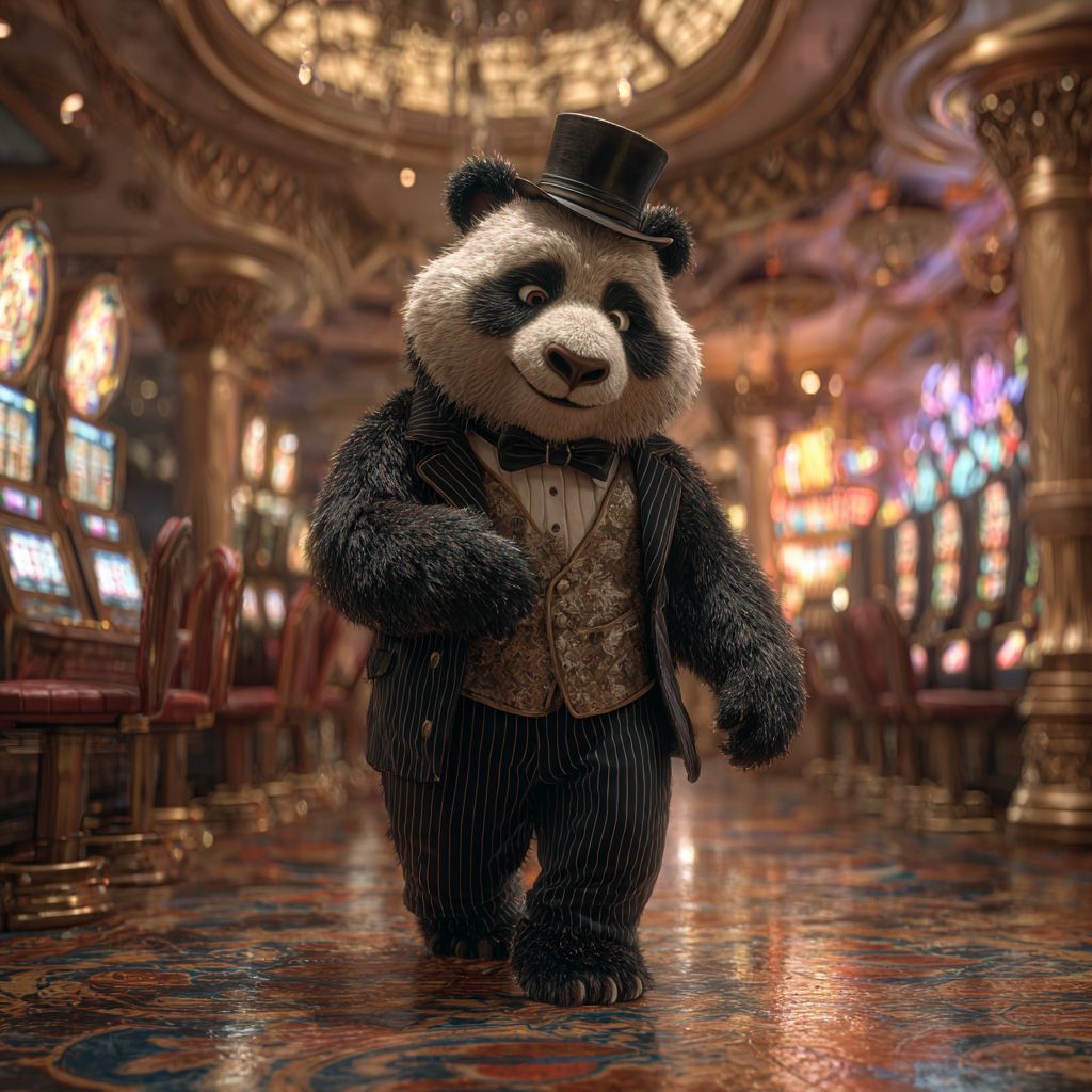 Elegant WIN9A panda mascot in a black pinstripe suit and top hat walking through a luxurious casino hall