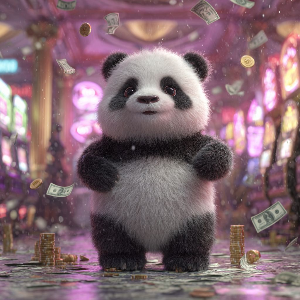 WIN9A panda mascot standing proudly in a casino hall with flying money and golden coins all around