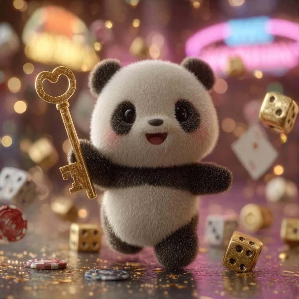 Log in to WIN9A and unlock your big wins today Adorable WIN9A panda mascot holding a golden key surrounded by dice, chips and playing cards in a sparkling casino atmosphere
