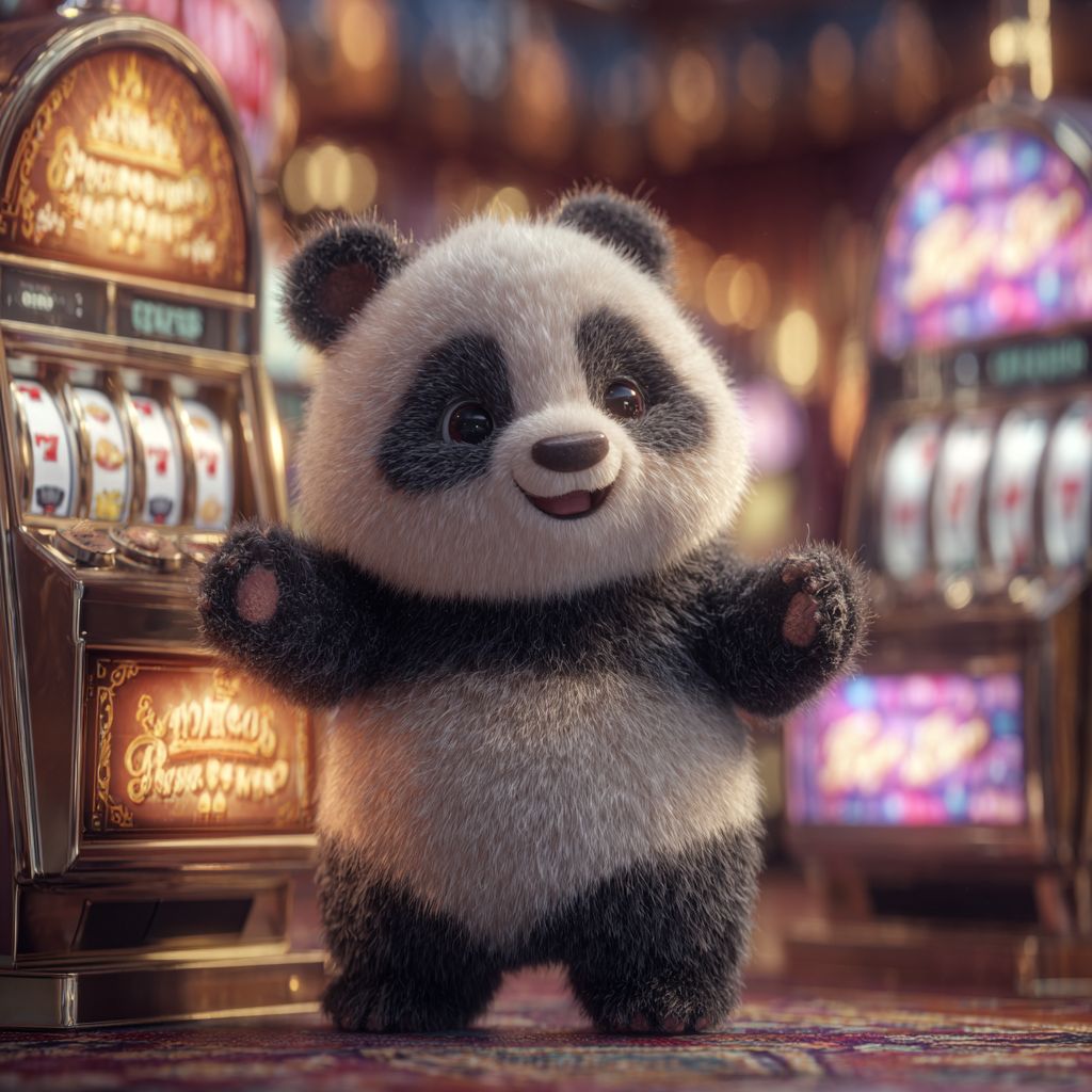 Cute panda mascot of WIN9A smiling and celebrating in a bright casino with shining slot machines in the background
