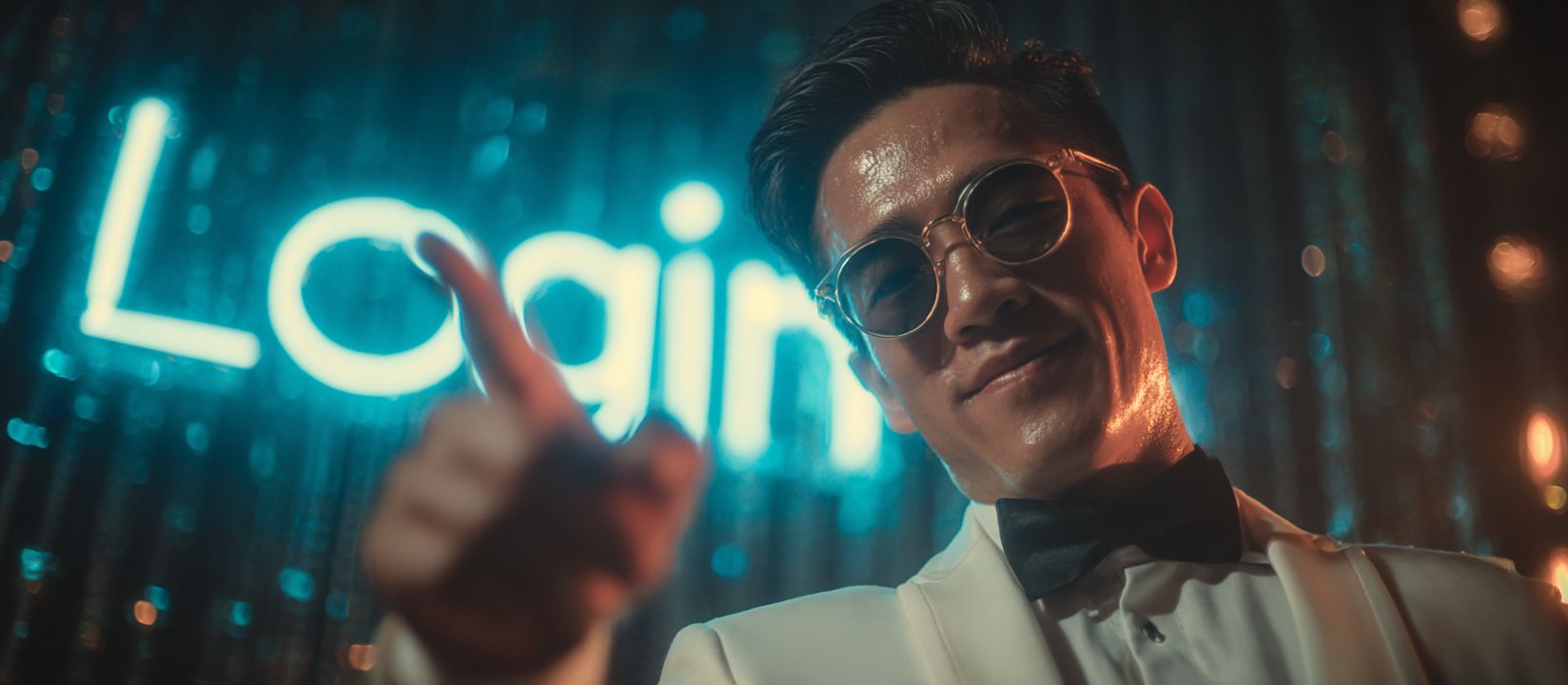 Log in to WIN9A and start winning today Stylish man in a white tuxedo pointing forward with a confident smile in front of a glowing login sign
