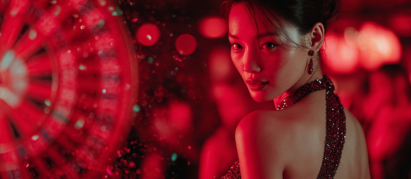 Glamorous woman in a sparkling red dress standing in a casino with a glowing roulette wheel in the background under vibrant red lights