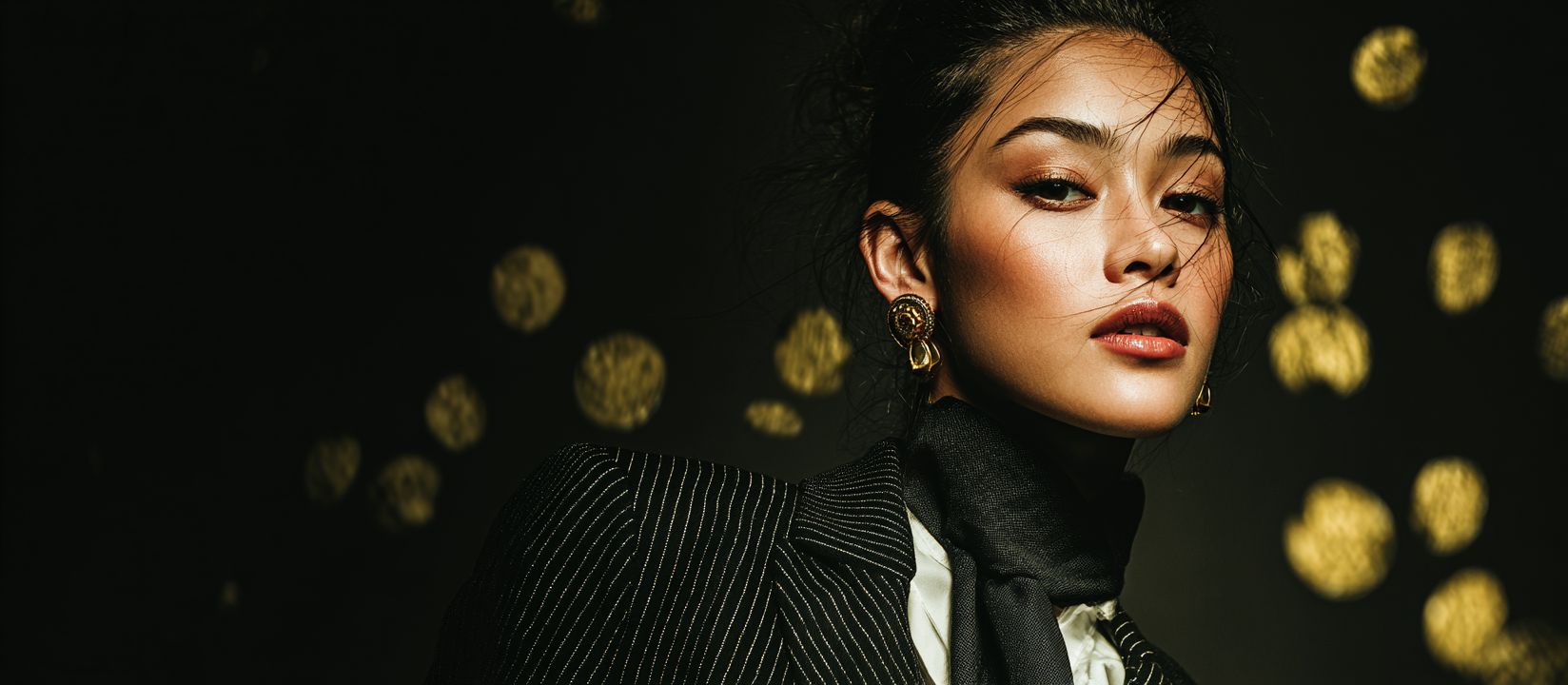 Elegant woman in a black pinstripe suit with gold earrings posing confidently against a dark background with golden bokeh lights