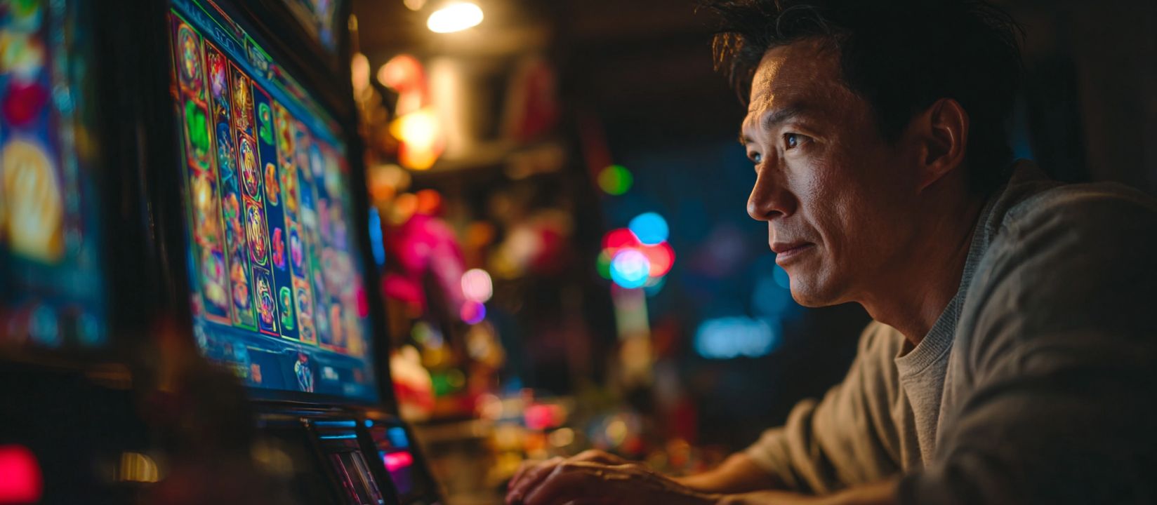 Focused man playing colorful slot machines in a dimly lit casino filled with bright lights and vivid graphics