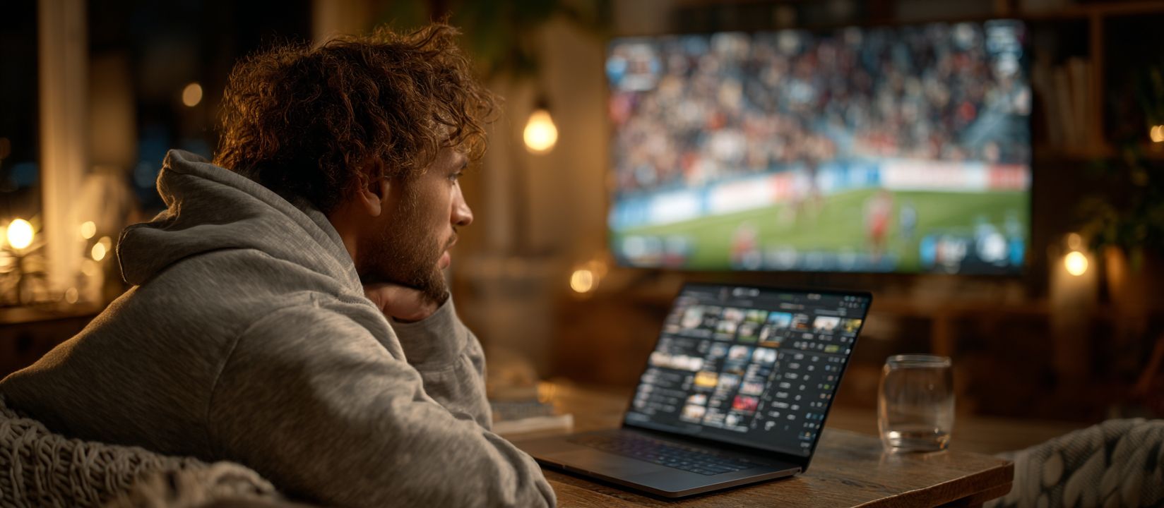 Man watching a sports match on TV while checking live betting odds on a laptop in a cozy home setting